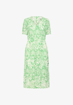 White midi dress with short sleeves and green floral and paisley pattern, featuring a V-neckline and fitted waist.
