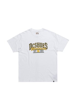 White cotton t-shirt featuring a graphic print in black and gold, with "DC SHOES Worldwide" and "EST. 1994" text. Crew neck design.