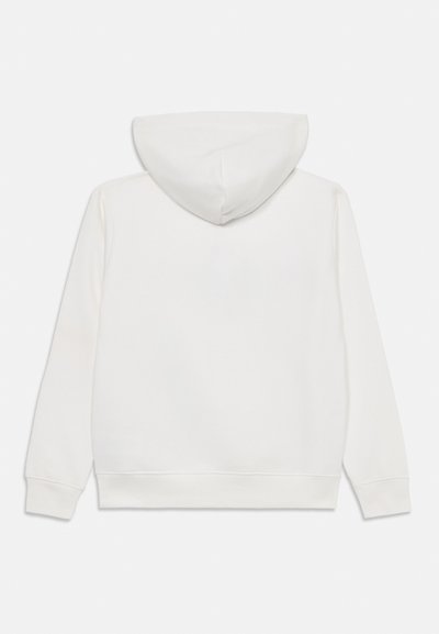 Enostavna bela kapuča s dolgimi rokavi, rebrastimi manšeti in pasom, prikazana s hrbtne strani na beli podlagi.