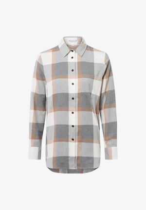 Koszula zapinana na guziki w szaro-biało-brązowa kratkę. Posiada kieszeń na piersi, długie rękawy i brązowe guziki. Wykonana z teksturowanej tkaniny.