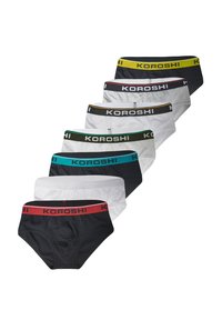 Ein Set von Boxershorts in Schwarz, Weiß, Grau und Teal, ausgestattet mit elastischen Taillenbändern in verschiedenen Farben und dem "KOROSHI"-Logo, aus glattem Stoff.