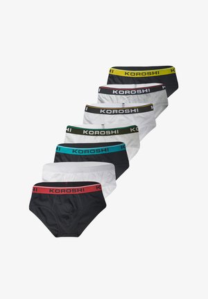 Kortebroekenset in zwart, wit, grijs en teal, met elastische taillebanden in verschillende kleuren voorzien van het "KOROSHI" logo, met een soepele stofstructuur.