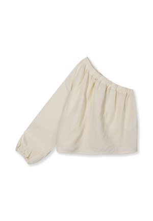 Blouse blanc cassé à manches longues asymétrique avec encolure et poignets élastiqués, étalée à plat sur un fond blanc.