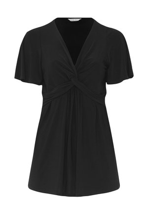 Zwarte blouse met korte mouwen en een gedraaide knoopdetail aan de voorkant, met een V-halslijn die zacht valt net onder de buste.