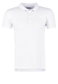 Vit polo skjorta gjord av bomull, med en klassisk krage, treknapps stolpe, korta ärmar och en liten broderad logotyp på bröstet.