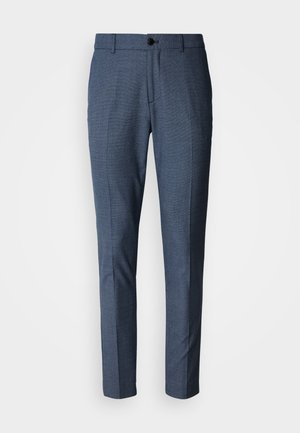 Tailored trousers made of textured blue fabric, featuring a flat front, side pockets, and a single button closure at the waistband.