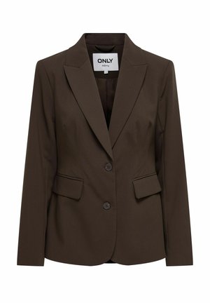 Hnědý blazer s upraveným střihem, klopovým límcem, zapínáním na dva knoflíky a dvěma předními kapsami. Vyroben z hladké tkaniny.