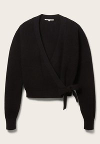 Černý svetr s překřížením vyrobený z texturované příze. Disponuje dlouhými rukávy, hlubokým výstřihem do V a zavazováním v pase.