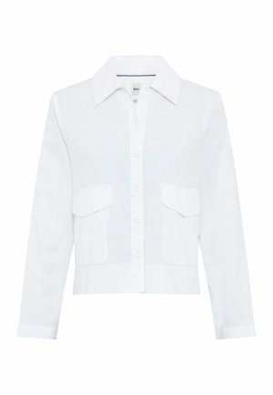 Hvid langærmet skjorte med knapper, bred krave og to forlommer med klap, kort pasform og letvægtsstof.