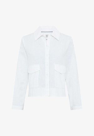 Wit overhemd met lange mouwen en knopen, brede kraag, twee klepzakken aan de voorkant, cropped pasvorm en lichtgewicht stof.