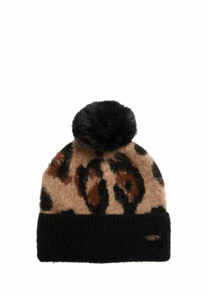 Strikket hue i beige og sort med leopardmønstret design. Har en sort faux fur pom-pom på toppen og en tekstureret sort ribbet kant.