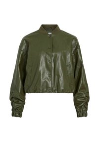 Gekürzte Bomberjacke in Olivgrün aus glänzendem Leder. Verfügt über einen gerippten Kragen, lange Ärmel, Druckknöpfe und seitliche Taschen.