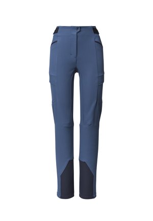Navy blue stretch pants with a slim fit, featuring reinforced dark blue knee panels and multiple side pockets. Closed with a button.