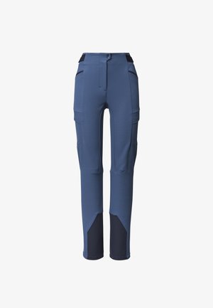 Marineblaue Stretch-Hosen mit schmaler Passform, ausgestattet mit verstärkten dunkelblauen Knieeinsätzen und mehreren Seitentaschen. Geschlossen mit einem Knopf.