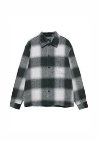 Cămașă din flanel în carouri gri și alb, cu nasturi, guler răspândit, mâneci lungi, având un buzunar pe piept și un material texturat.