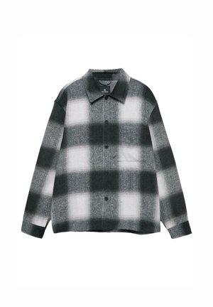 Szürke és fehér kockás flanel ing, gombos dizájn, elterülő gallér, hosszú ujjú, egy mellzsebbel és texturált anyaggal.