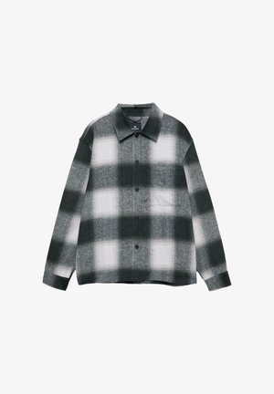 Camicia in flanella a quadri grigia e bianca, design con bottoni, colletto a punta, maniche lunghe, con taschino sul petto e tessuto testurizzato.