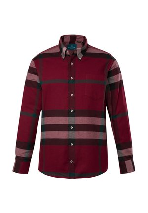 Rode en zwarte geruite blouse met lange mouwen, enkele borstzak en contrasterende patroonaccenten. Gemaakt van katoen.