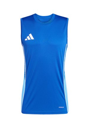 Maillot de sport sans manches bleu avec logo Adidas blanc sur la poitrine et panneaux latéraux bleu clair, conçu pour la gestion de l'humidité.