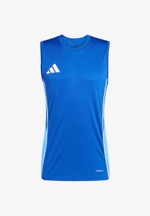 Niebieska bezrękawnik sportowa z białym logo Adidas na piersi i jasnoniebieskimi bocznymi panelami, zaprojektowana do zarządzania wilgocią.