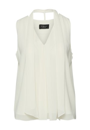 Ärmellose weiße Bluse mit V-Ausschnitt, plissiertem Vorderteil und einem Riemendetail am Rücken aus der S.Oliver Black Label Kollektion.