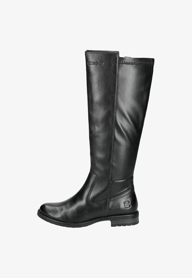 Czarne skórzane kozaki do kolan o gładkiej fakturze, zaokrąglonym nosku i niskim, warstwowym obcasie. Posiadają wytłoczone logo na górnej części.