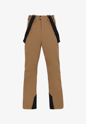 Pantalones de nieve marrones con tirantes negros ajustables, con un diseño de pierna amplia, acentos negros reforzados en los puños y cierre de botón en la parte delantera.