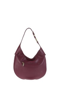 Borsa hobo in pelle bordeaux con superficie testurizzata, forma morbida, una sola tracolla e una tasca anteriore con zip e hardware dorato.