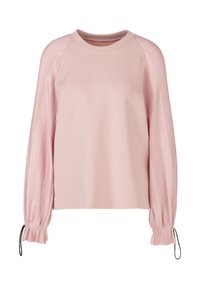 Helles rosa Sweatshirt mit gerippten Ärmeln, gerafften Bündchen und rundem Halsausschnitt. Glatte Textur mit dezenten Details entlang der Arme.