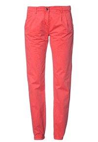 Korallfärgade byxor med rak passform, tillverkade av bomull. Har en enkel knappstängning och frontveck. Slät textur, utan mönster.