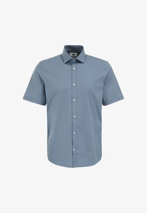 Koszula z krótkim rękawem, zapinana na guziki, w jasnoniebieskim kolorze, wykonana z gładkiej bawełny. Posiada wykładany kołnierzyk oraz prosty dół z sześcioma guzikami.
