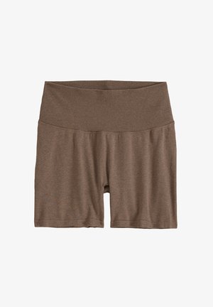 Pantaloncini da biker marroni a vita alta con fascia larga a coste, tessuto morbido e lunghezza a metà coscia, stesi su sfondo bianco.