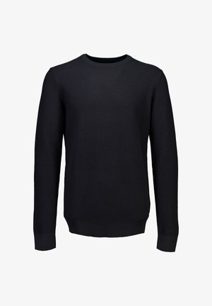 Sort strikket trøje med rund hals, lange ærmer, ribbede manchetter og kanten. Har et struktureret mønster i hele stoffet.