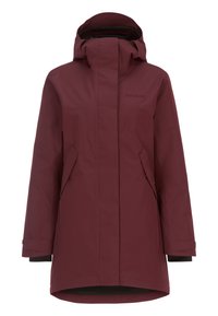 Bordeauxwaterdichte jas met een capuchon, voorzien van een voorrits, zijzakken en een gestroomlijnd ontwerp. Gemaakt van duurzaam materiaal.