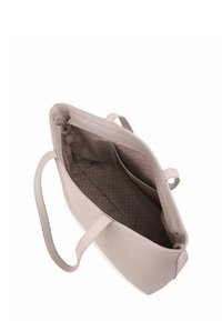 Světle růžová taška přes rameno s hladkým povrchem, vybavená dvěma uchy a vnitřkem s puntíky. Obsahuje zipové zavírání a vnitřní kapsu.