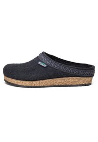 Black felt clog with cork sole, featuring decorative dark gray band and embossed logo. Smooth texture with rounded toe and open back design.