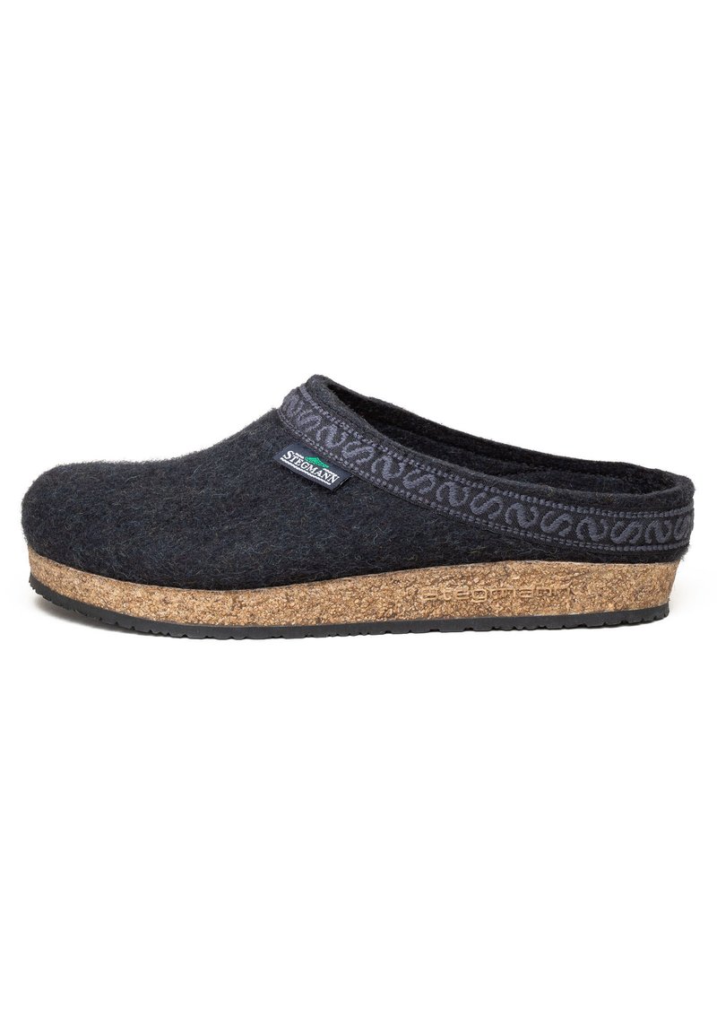 Black felt clog with cork sole, featuring decorative dark gray band and embossed logo. Smooth texture with rounded toe and open back design.