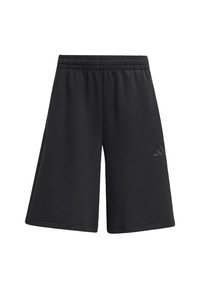 Pantaloncini atletici neri con vita elastica, realizzati in tessuto morbido, con un logo sul lato inferiore sinistro e gambe dritte.