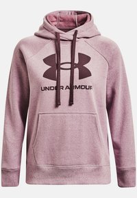Violetti huppari, jossa on kengurupocket, nyöritettävä huppu ja musta Under Armour -logo edessä. Valmistettu teksturoidusta, pehmeästä kankaasta.