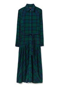 Vestido largo de cuadros en verde y azul oscuro, con cierre de botones en el frente, cuello, mangas largas, cintura con cinturón y falda de diseño en capas.