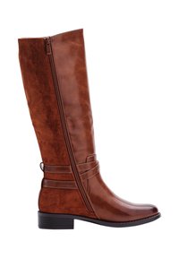 Botas marrones hasta la rodilla con un acabado de cuero liso, cremallera lateral y acentos de banda horizontal. Punta redondeada y tacón bajo cuadrado.