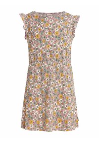 Blumenkleid mit kurzen Rüschensäumen, einem smockierten Taillenbund und einem rosa Hintergrund mit gelben und weißen Blumen. Leichter Stoff.