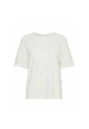 Tricou alb cu mânecă scurtă, realizat din bumbac moale. Are un gât rotund și o croială lejeră, fără modele sau embellishments vizibile.