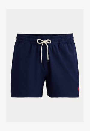 Tmavě modré plavkové šortky s elastickým pasem a bílým šňůrkovým stahováním, s malým červeným logem na spodní pravé noze.