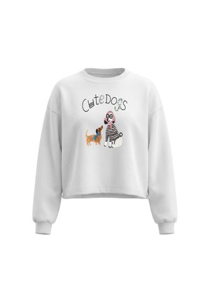 Hvid sweatshirt med lange ærmer med illustrationer af to hunde og teksten "Cute Dogs" på forsiden.