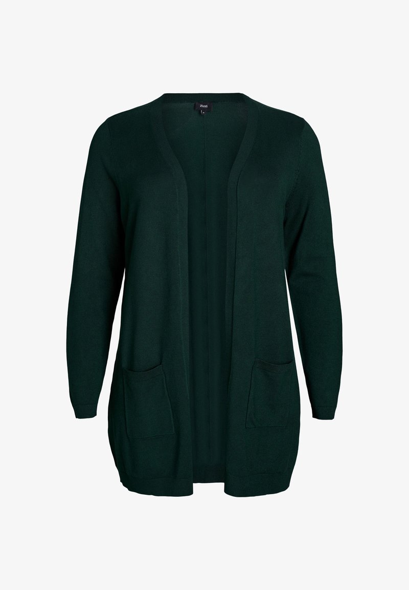 Mörkgrön kofta med långa ärmar, öppen framsida, ribbade cuffs och två framfickor. Mjukt material, enkel design utan mönster.