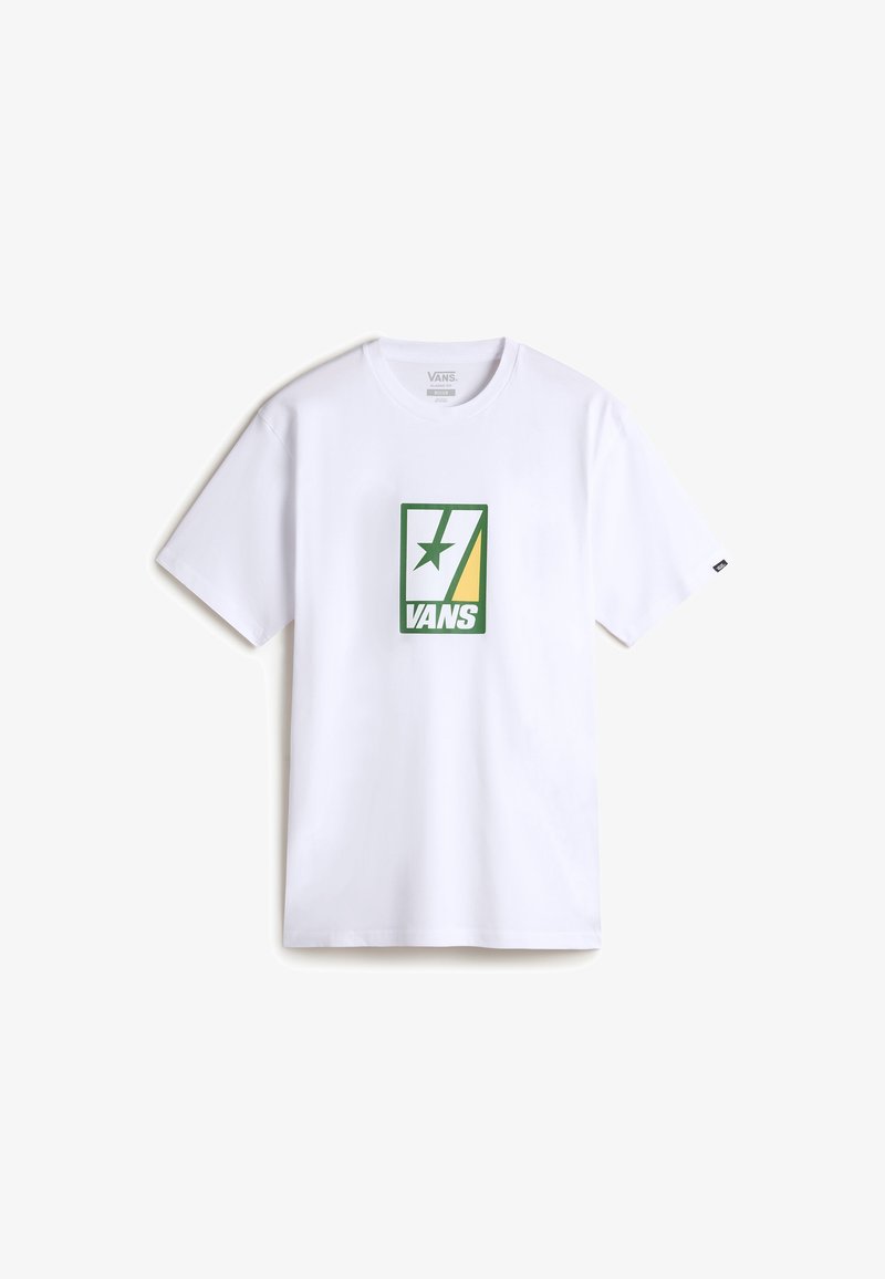 Bílý bavlněný tričko s krátkým rukávem a kulatým výstřihem, které má zelenožlutou obdélníkovou grafiku se hvězdou a logem "VANS".