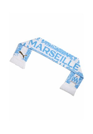 Hvid og blå Marseille fodboldhalstørklæde med Puma-logo i den ene ende og holdemblem i den anden, med frynsekant.