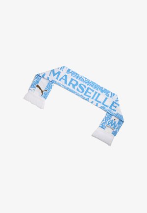 Weiß-blauer Marseille Fußballschal mit Puma-Logo an einem Ende und dem Mannschaftsemblem am anderen Ende, mit Fransen an den Rändern.