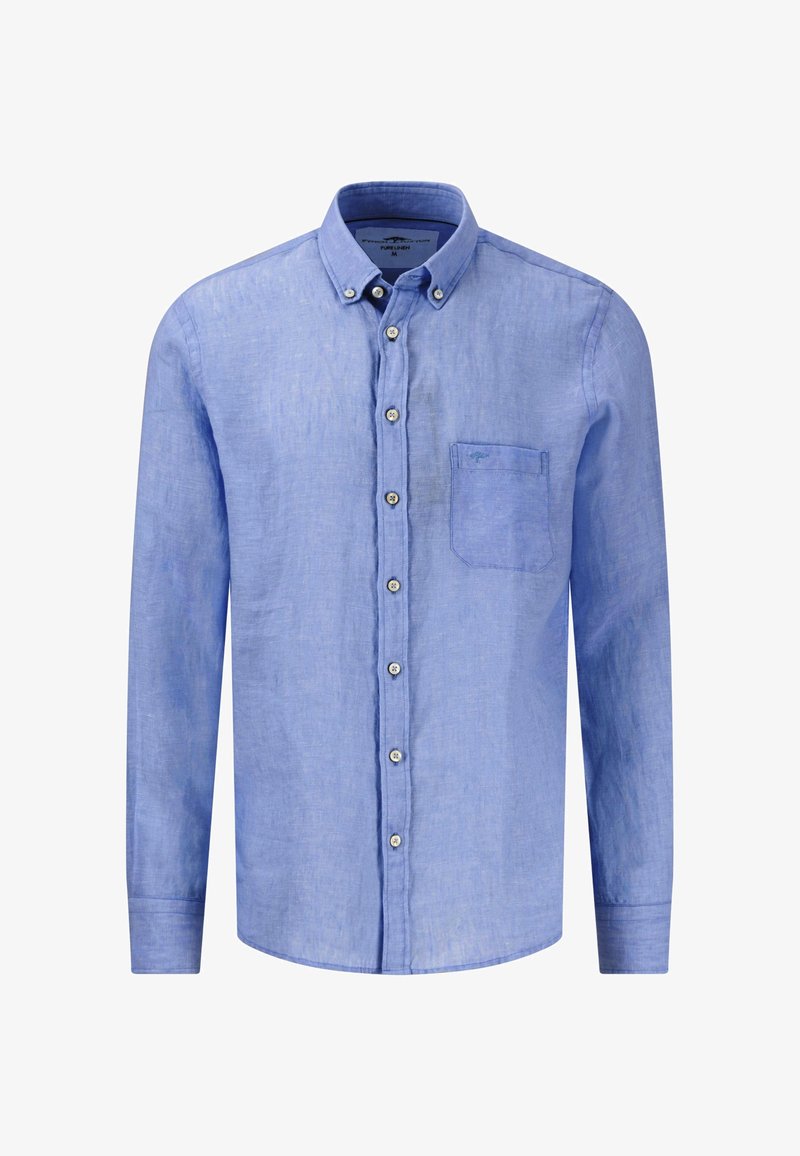 Lichtblauw linnen shirt met lange mouwen, button-down kraag, voork pocket en knoopsluitingen. Zachte textuur met een licht gekreukt uiterlijk.